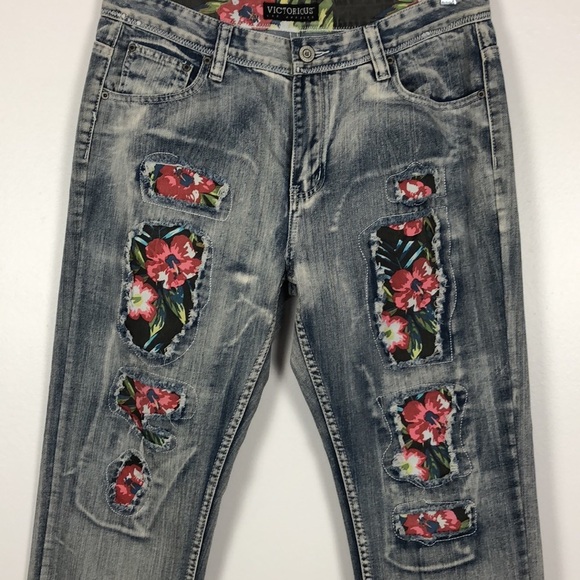 Victorious Los Angeles floral patch 5 pocket men’s blue jeans Size 36/30 - Picture 3 of 7